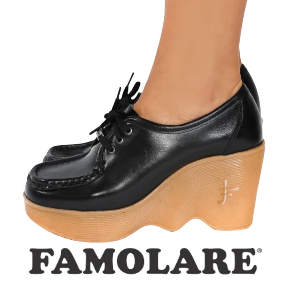 FAMOLARE 70s Vibes Square Up HI THERE Wavy Sole Granny Moc Platform Wedge Sz 6